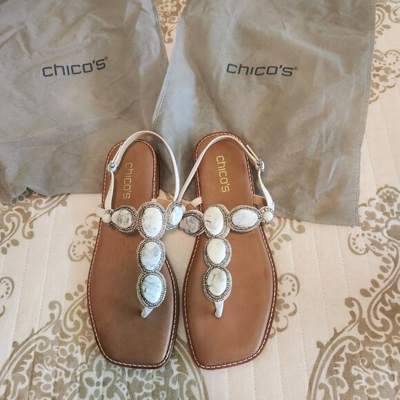 Chico' T-strap flat sandals with interesting detail of stones and tiny beads - Picture 1 of 2